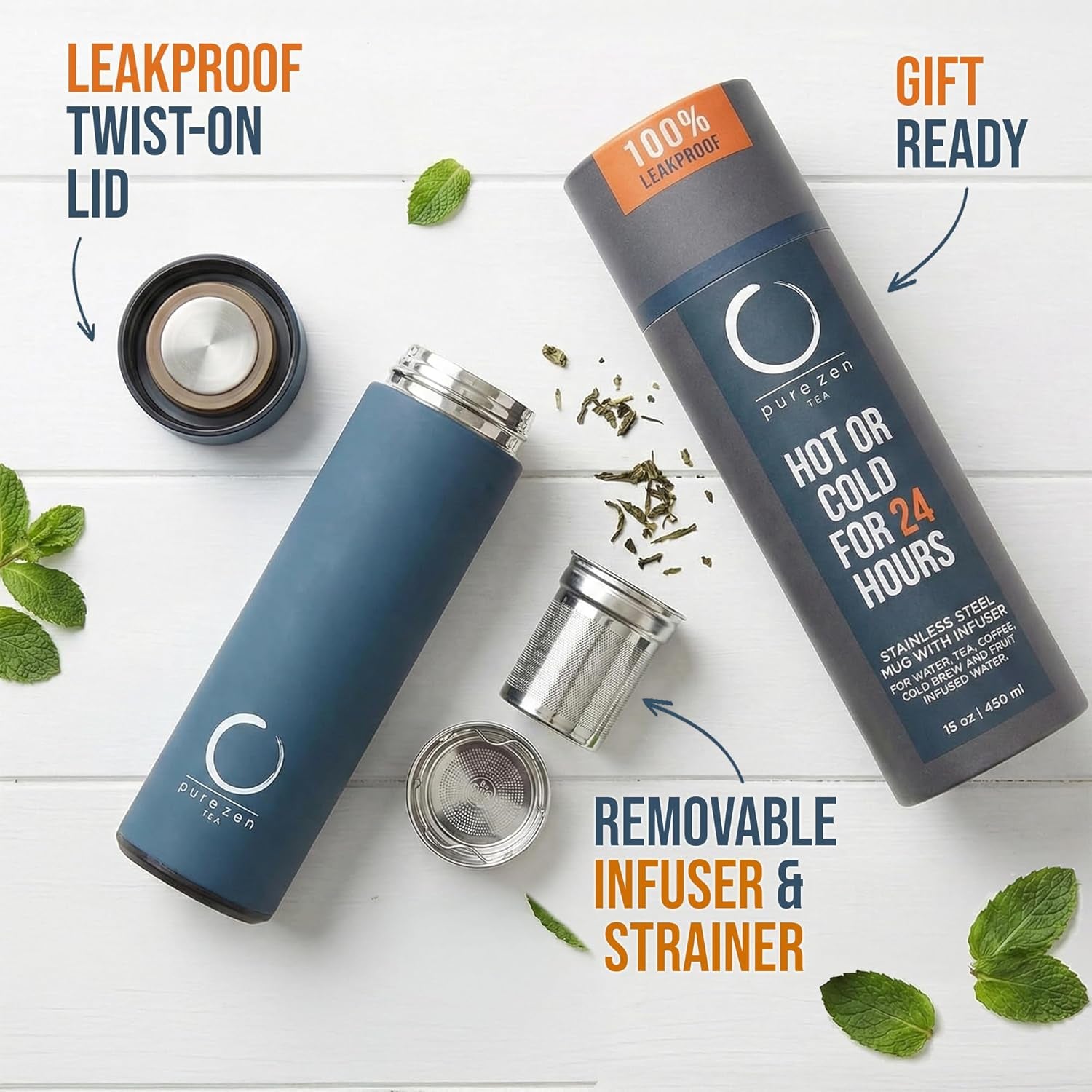 Thermos with Infuser for Hot and Cold Infusions - Stainless Steel - Tea Infuser Bottle - Leakproof Travel Mug with Filter - 15Oz - Blue